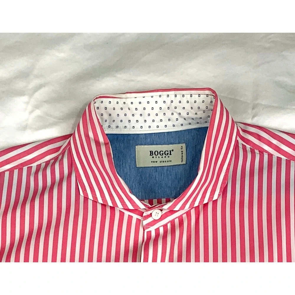 Boggi Milano Mens Pink White Striped Spread Collar Button Down New Classic Shirt